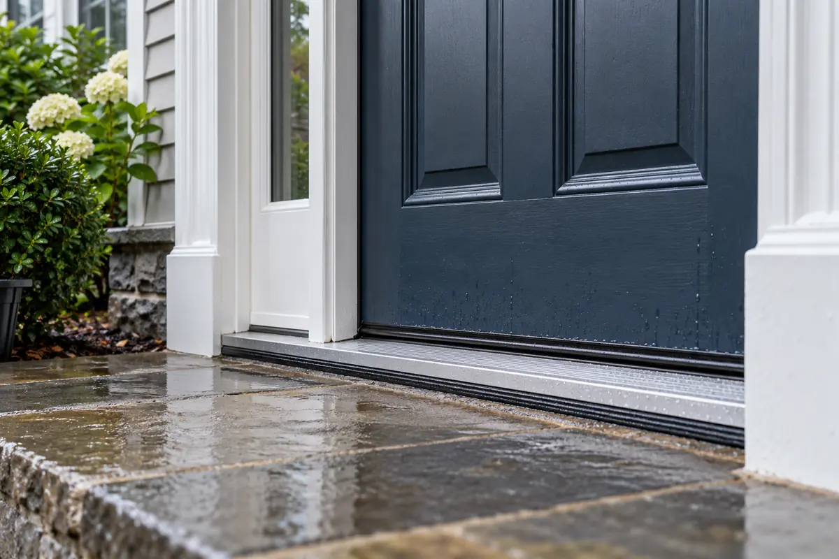 Illustration of an exterior entry door threshold and surrounding trim after rain