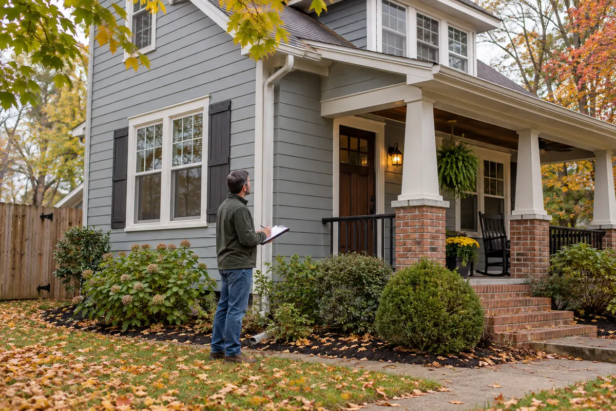 Illustration of a homeowner inspecting siding, windows and drainage around a Central Kentucky house in fall