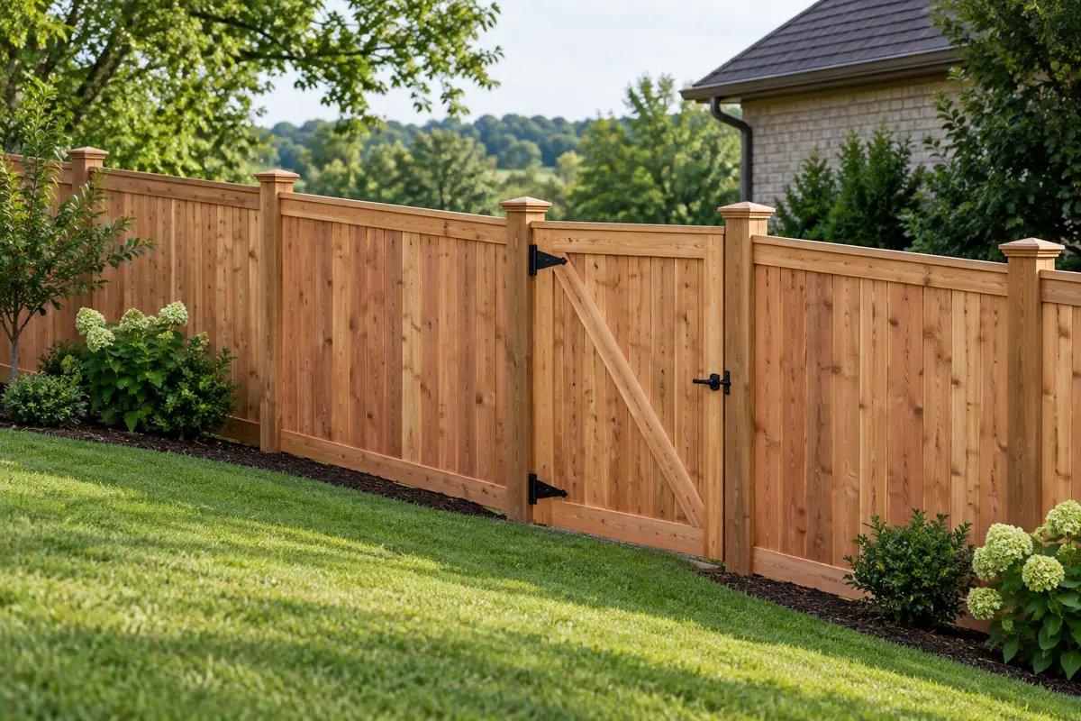 Illustration of a cedar privacy fence and walk gate crossing a gently sloped Kentucky lawn