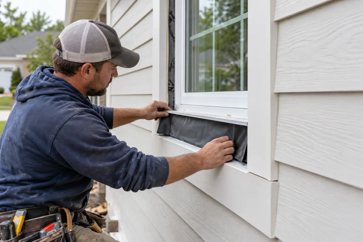 Illustration of light lap siding and trim around a window during exterior flashing work