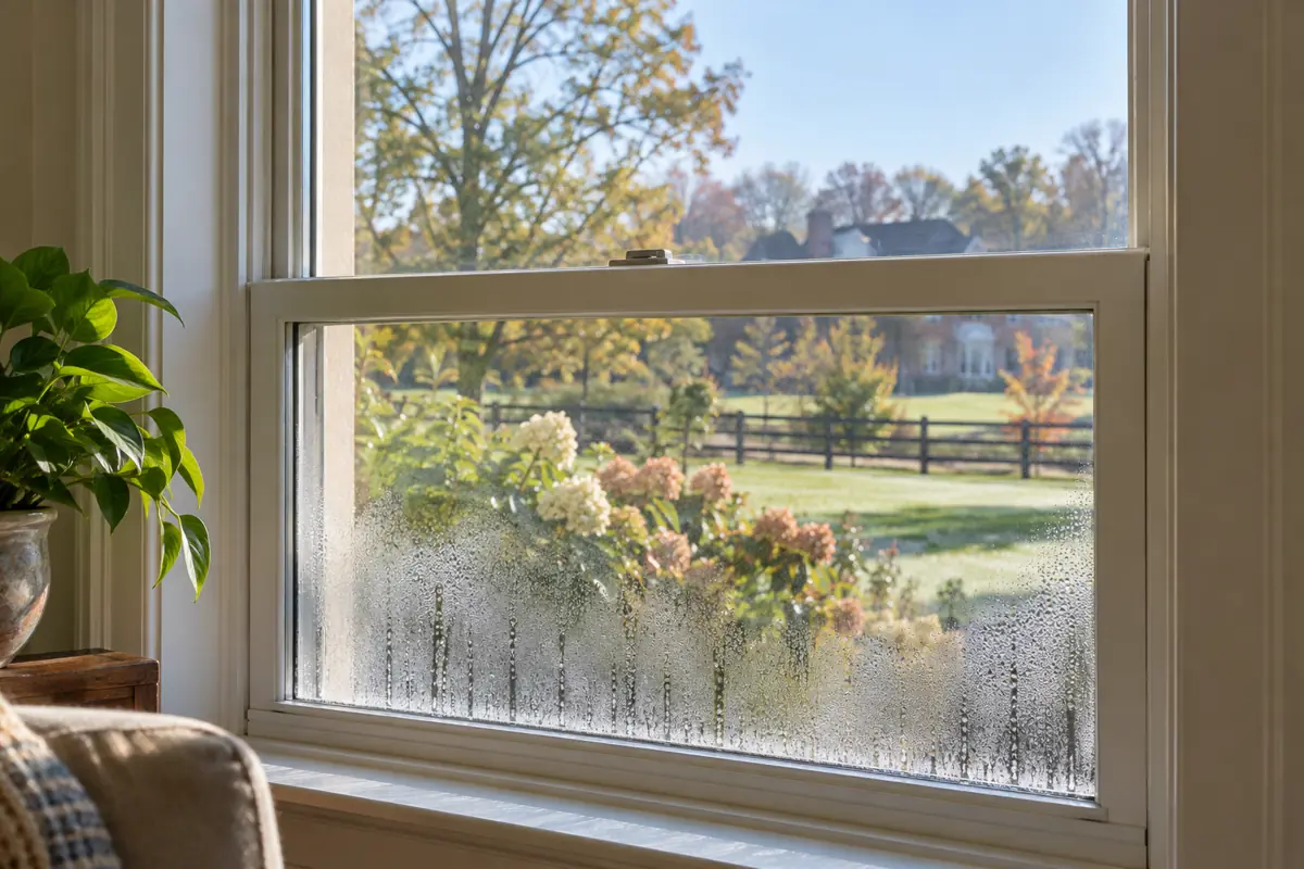 Illustration of light condensation on the room-facing side of a residential window on a cool morning